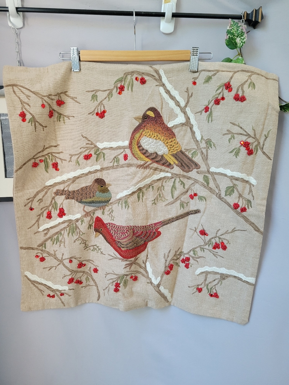 Pottery Barn Embroidered Winter Birds on Branch Cotton Pillow Cover 24 x 24